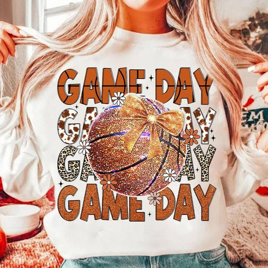 Coquette Basketball Graphic Printed Unisex Crewneck Shirt, Basketball Bow, Basketball Mom Sweatshirt, Game Day, Retro Basketball Season Sports Tee