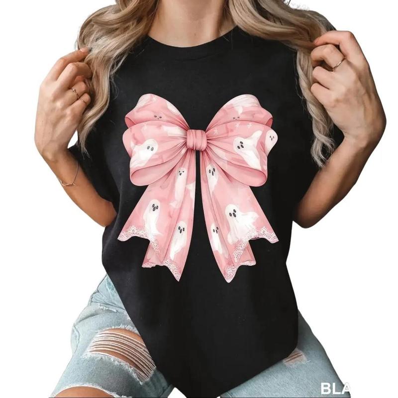 Pink Ghost Bow Coquette T-Shirt, Halloween Coquette Bow Shirt, Ghost Halloween, Halloween Shirt, Girly Halloween Shirt