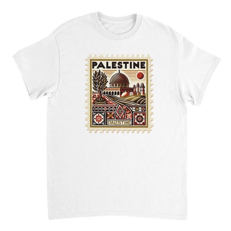 Vintage Palestine Culture Postage Stamp Unisex Crewneck T-shirt Casual Collar Cotton Fabric Cotton Fabric