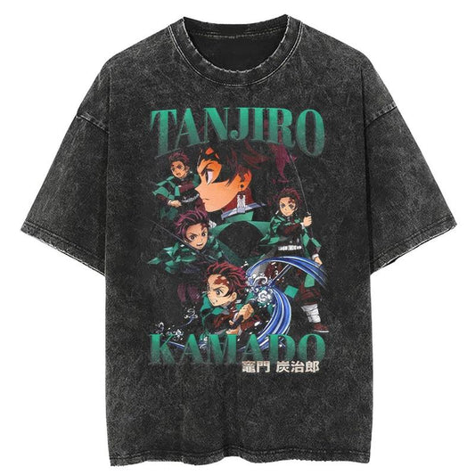 Retro Anime Manga Graphic Tee, Tanjiro Demon Slayer Vintage T-Shirt, Unisex T-Shirt Menswear Top Underwear Tshirt
