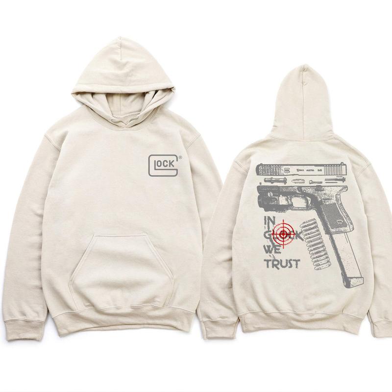 In Glock We Trust Standard size Sand Hoodie with Multicolor Design for Men and Women - Classic Fit - Menswear