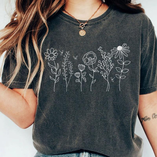 Wild Flowers Shirt, Wildflower Tshirt, Comfort Colors Shirts for Women, Floral Shirt, Vintage Botanical Tee, Gifts For Her, Pastel Floral Nature T-Shi