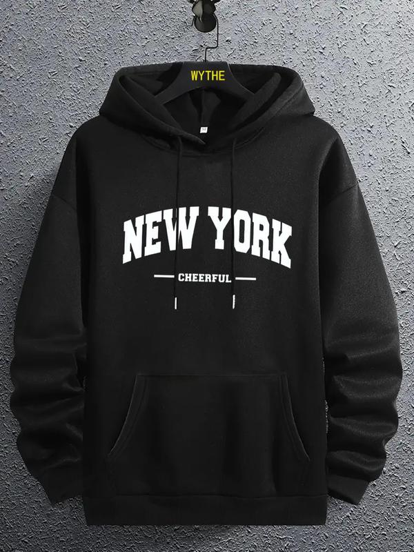 Men's Letter Print Pocket Drawstring Essentials Hoodie, Long Sleeve Sweatshirt, Regular Fit Men's Clothing for Spring & Fall Weekend