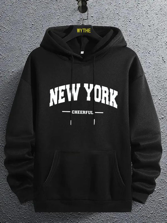 Men's Letter Print Pocket Drawstring Essentials Hoodie, Long Sleeve Sweatshirt, Regular Fit Men's Clothing for Spring & Fall Weekend