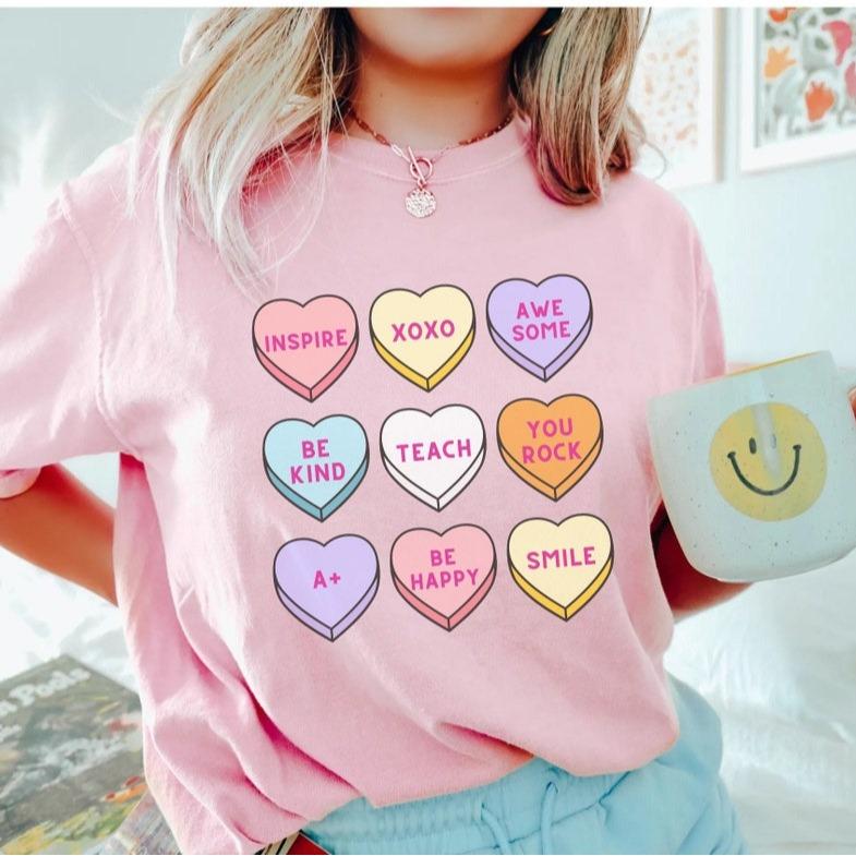 Candy Heart Valentines Day tee, Conversation Hearts Valentines Shirt for teachers, Teacher Valentines Shirt