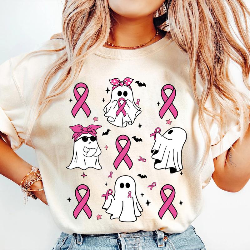 Coquette Breast Cancer Shirt, Ghost Halloween Graphic Tee, Support Squad Shirt, In October We Wear Pink Ghosts, Family Cancer Awareness Gift