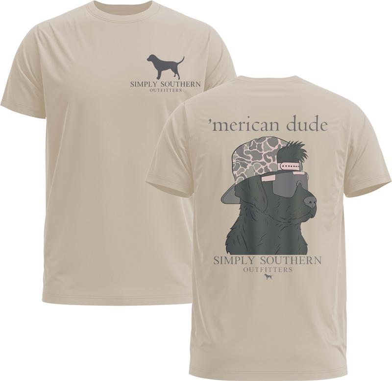 Simply Southern Camo Merican Dude 2 Sided Short Sleeve T-Shirt - Simply Southern Tee - Gildan 5000 Graphic Shirt, Heavy Cotton, Full Sizing & Colors