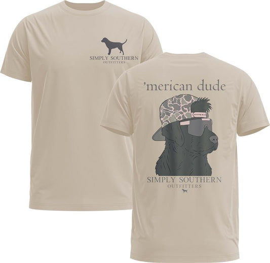 Simply Southern Camo Merican Dude 2 Sided Short Sleeve T-Shirt - Simply Southern Tee - Gildan 5000 Graphic Shirt, Heavy Cotton, Full Sizing & Colors