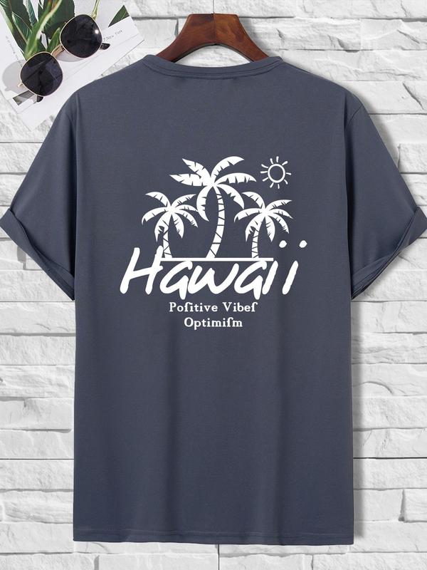 Men's Regular Fit Graphic Print Round Neck Knit Tee, Summer Clothes,Â StreetwearÂ Guys Hawaiian Tropical & Letter Graphic Short SleeveÂ CrewneckÂ T-Shirt,