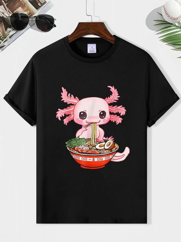 Men's Cartoon Print Round Neck Tee, Summer Regular Fit Short Sleeve Crew T-shirt, Men's Graphic Streetwear Top, Cool Casual Wear