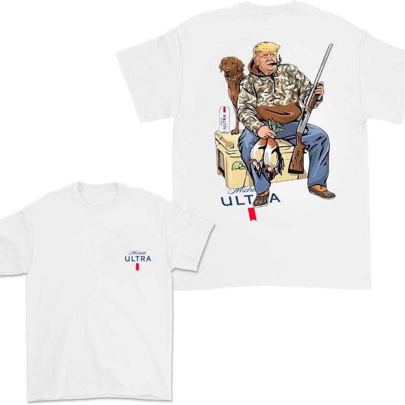 Hunter Trump With Michelob Ultra Beer 2 Sided T-shirt , Trump and Your Hunting Dog T-shirt Full Color For Men and Women, Hunting Season T-shirt
