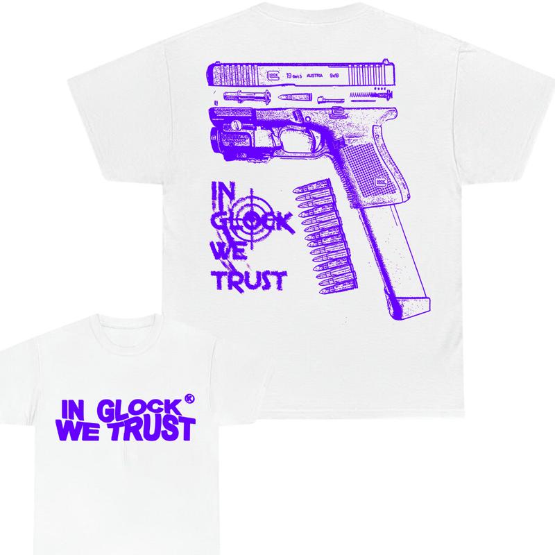 In Glock We Trust Limited edition Double Sided Print ,Full Color Cotton Classic Glock Tshirt for Men and Women - 'In Glock We Trust' - Menswear Collar
