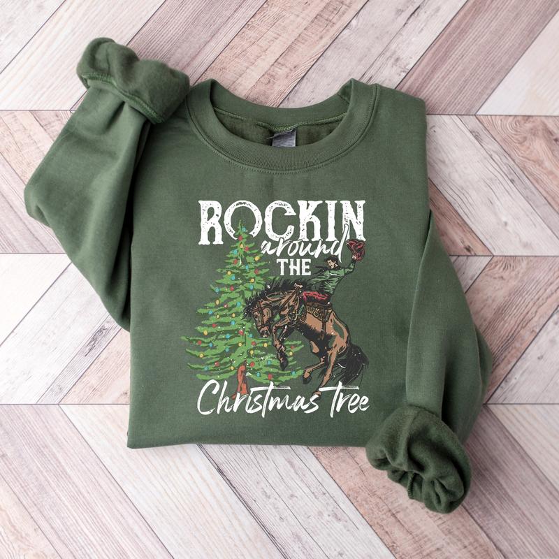 Rocking Around The Christmas Tree Sweatshirt,Retro Christmas Western Shirt,Cowboy Christmas Shirt,Yee Haw Howdy Christmas,Women's Christmas