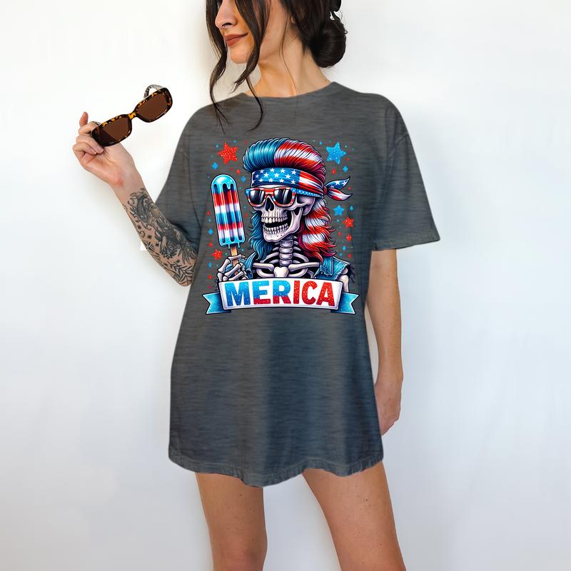 Merica' - T-Shirt, Funny Tee, Patriotic, Summer, Fourth of July,  Skeleton,Bright Graphic, Funny Apparel, Gift Idea, Relaxed Fit, Casual Apparel, Cute