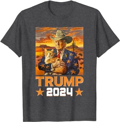 Western Cowboy Trump 2024 And Cat Patriotic 4th of July T-Shirt