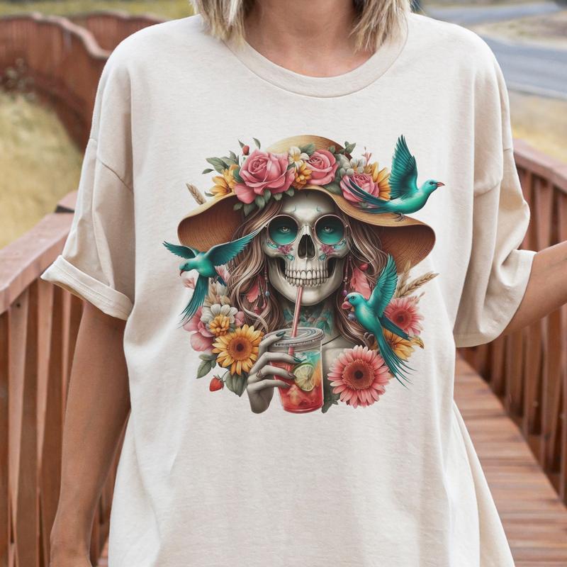 Beach Tshirts Summer Skull T-Shirts Beach Skeleton Tees Skull Floral Tshirts Beach Please Skull Tee Womens Summer Vacation Rocker Tshirts F