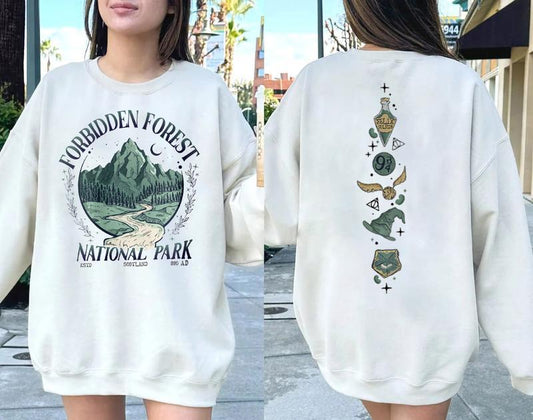 National Park Wizard 2 Side Sweatshirt, Forbidden Forest Shirt, Book Lover, Spicy Booktok, HP Inspired Wizarding World T-Shirt, Bookish Merch, Womensw
