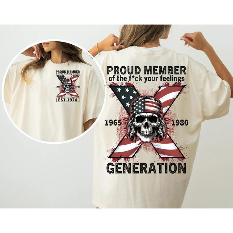 Custom Est.Year 1968 Skull GenX 2 Side Skull Shirt, GenX T-shirt, Skull Proud Member Generation X Shirt, Flag Skull Shirt