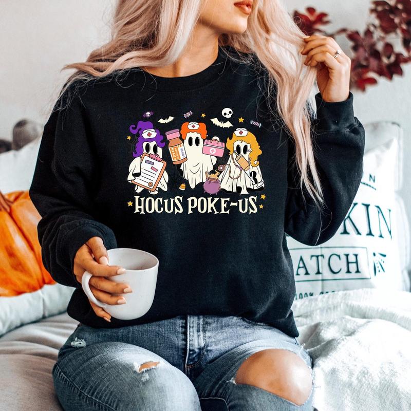 Hocus Poke-us Witch Nurse Halloween Sweatshirt, Medical Lab Tech Halloween Shirt, ER Crew Shirt, Spooky Health Professional Shirt, Hocus Poke-us, Tren