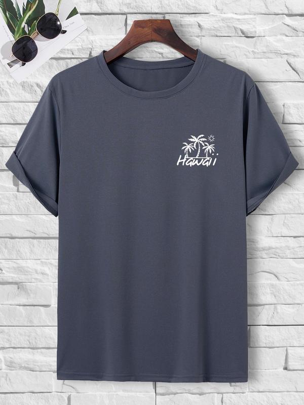 Men's Regular Fit Graphic Print Round Neck Knit Tee, Summer Clothes,Â StreetwearÂ Guys Hawaiian Tropical & Letter Graphic Short SleeveÂ CrewneckÂ T-Shirt,