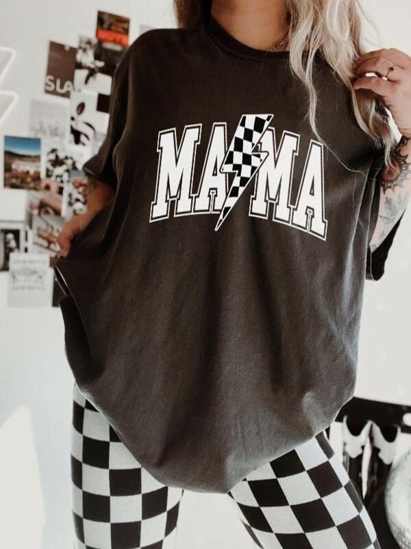 Mama Lightening Bolt Comfort Colors Shirt, Gift for Mom, Mama T-Shirt, Retro Mama T Shirt, Checkered Mom Tshirt Flat