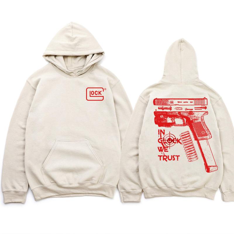 In Glock We Trust Standard size Sand Hoodie with Multicolor Design for Men and Women - Classic Fit - Menswear