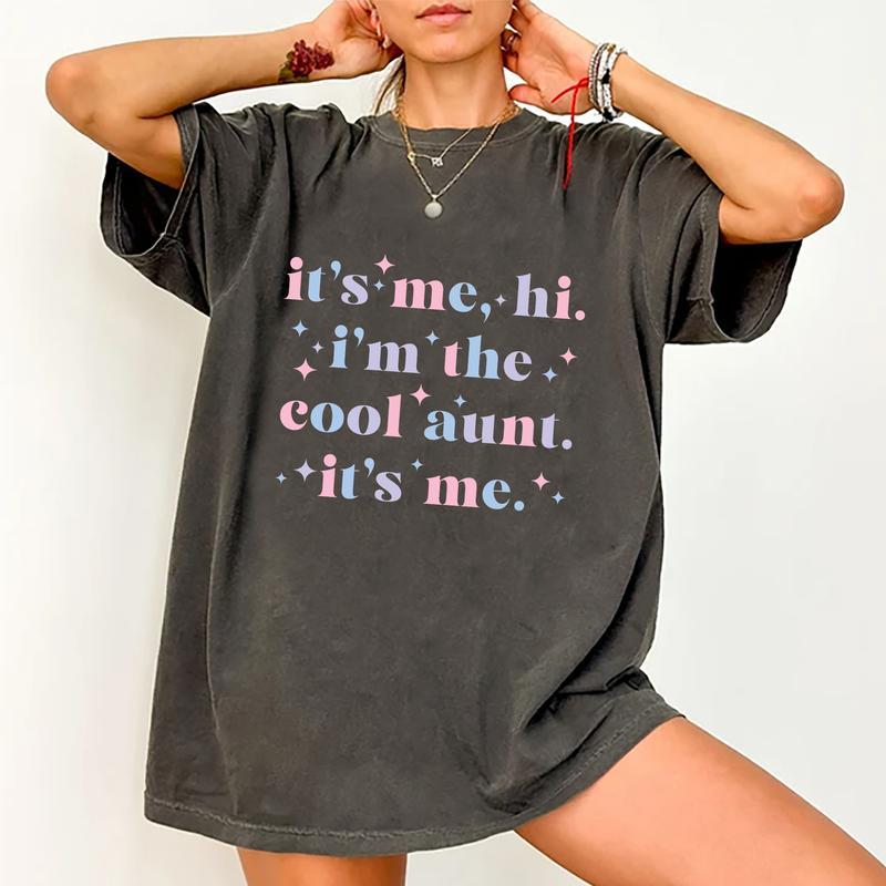 It's Me Hi I'm The Cool Aunt It's Me Shirt, New Aunt Tee, Cool Auntie Graphic Printed Short Sleeve Tee Shirt, Women Cotton Fabric Comforts Shirts, Wom