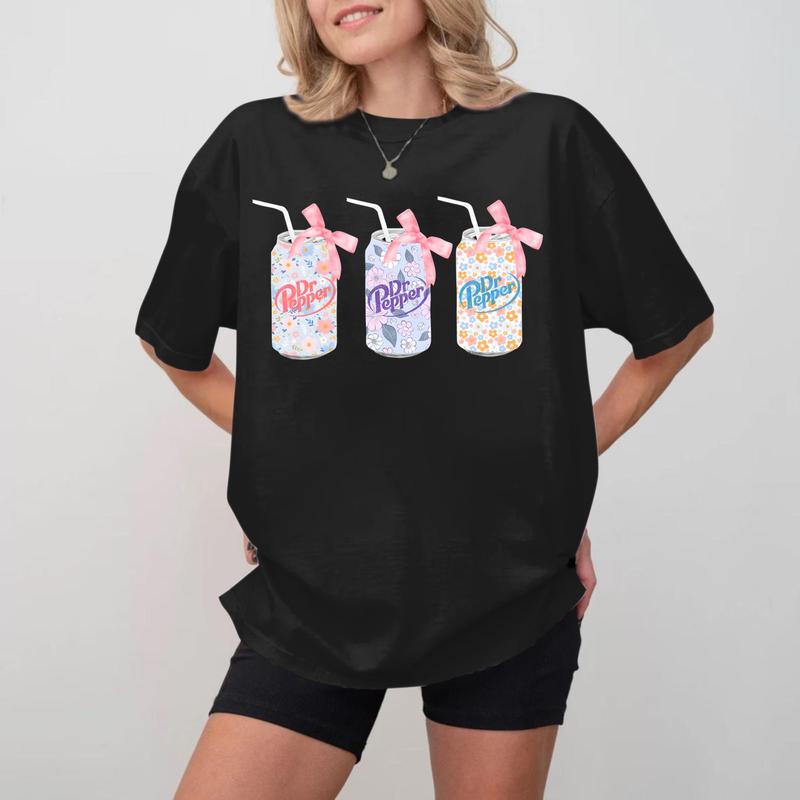 Dr. Pepper Flowers Cans T-Shirt, Cute and Trendy Pink Bow Tee, Unique Unisex Graphic Shirt, Gifts for Soda Lovers with Rose Accents