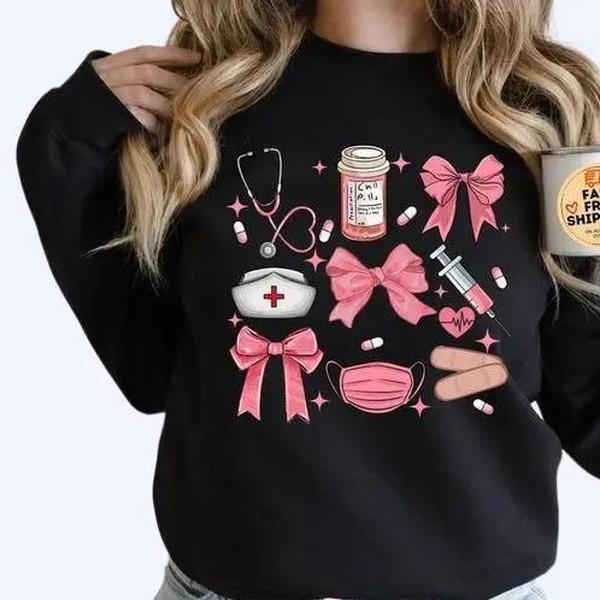 Work Cute Nurse Crewneck, Nurse Coquette Bow Sweater, NICU Sweaters, New Nurse Gift, Soft Girl Nurse Graduation Gift Idea, Unisex Shirt, Gift For Her