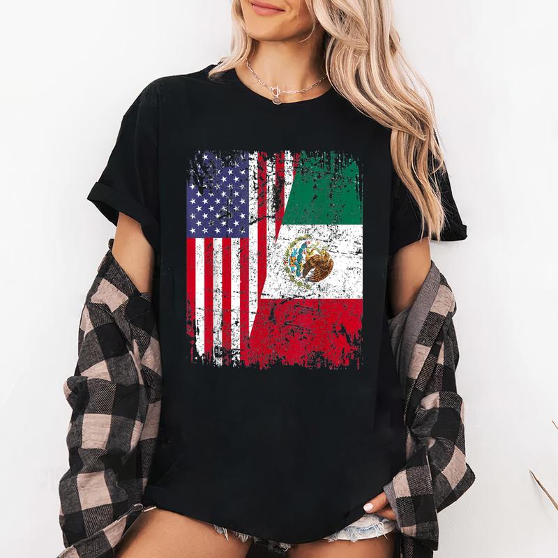 MEXICAN ROOTS  Half American Flag  MEXICO T-Shirt