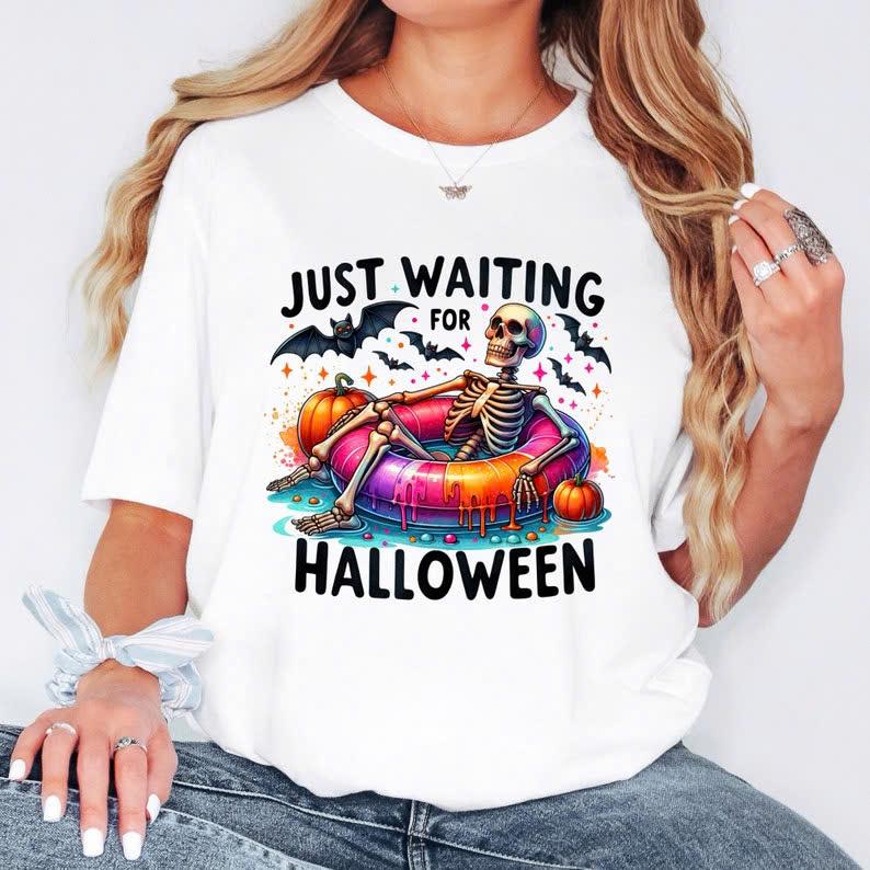 Just Waiting Halloween Shirt, Cute Spooky Summer Halloween Shirt, Funny Halloween, Trendy Skeleton Shirt Casual Fabric Sleeve Soft