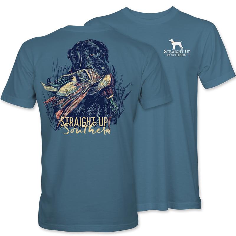 Lab With Mallard - Black Lab Retrieving Mallard T-Shirt - Indigo Classic Collar