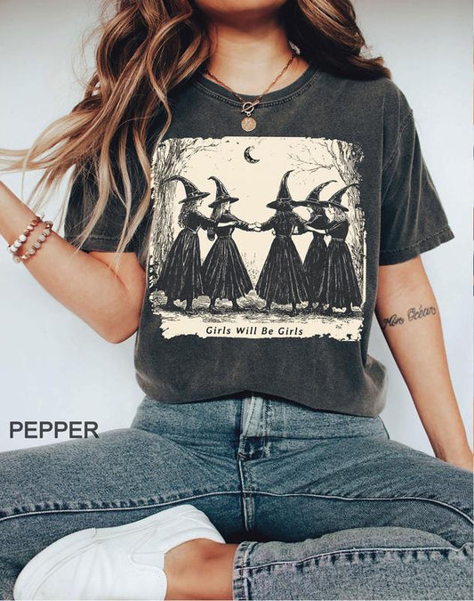 Vintage Girls Will Be Girls T-Shirt, Witch Shirt, Halloween Women Shirt, Witchy Vibes Shirt, Vintage Halloween Shirt, Funny Feminist shirt
