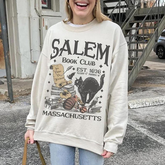 Vintage 90s Look Salem Sweatshirt, Black Cat Lovers Sweater Aesthetic Halloween Witchy Shirt Book Club Shirt, Book Lover Shirt, Bookish Merch, Booktok