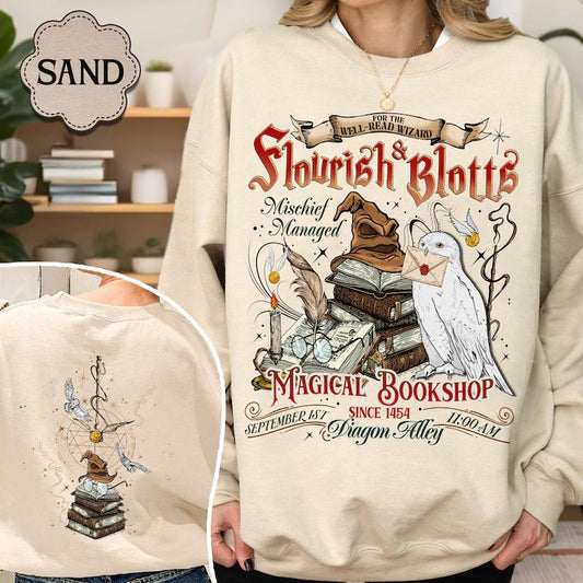 Flourish and Blotts Sweatshirt, Wizard Book Shop Shirt, Wizard Shop, Broomstick Wizard Shirt
