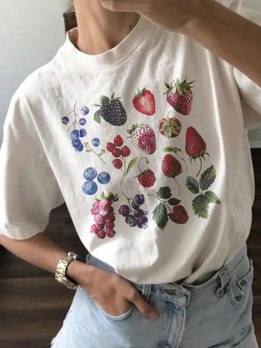 Women's Strawberry & Blueberry Print Round Neck Tee, Casual Short Sleeve Crew Neck T-shirt for Summer, Fashion Women's Top for Daily Wear