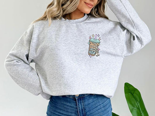 Fueled By Iced Coffee and Anxiety with Front Pocket Logo and Full Back Graphic Sweatshirt, Mental Health Awareness Sweatshirt, Iced Coffee - Celebrity