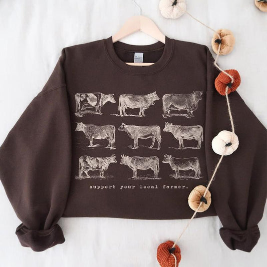 Support Your Local Farmer Cow Sweatshirt, Farm Animals Sweater, Farming Clothes Trendy Homesteading Crewneck