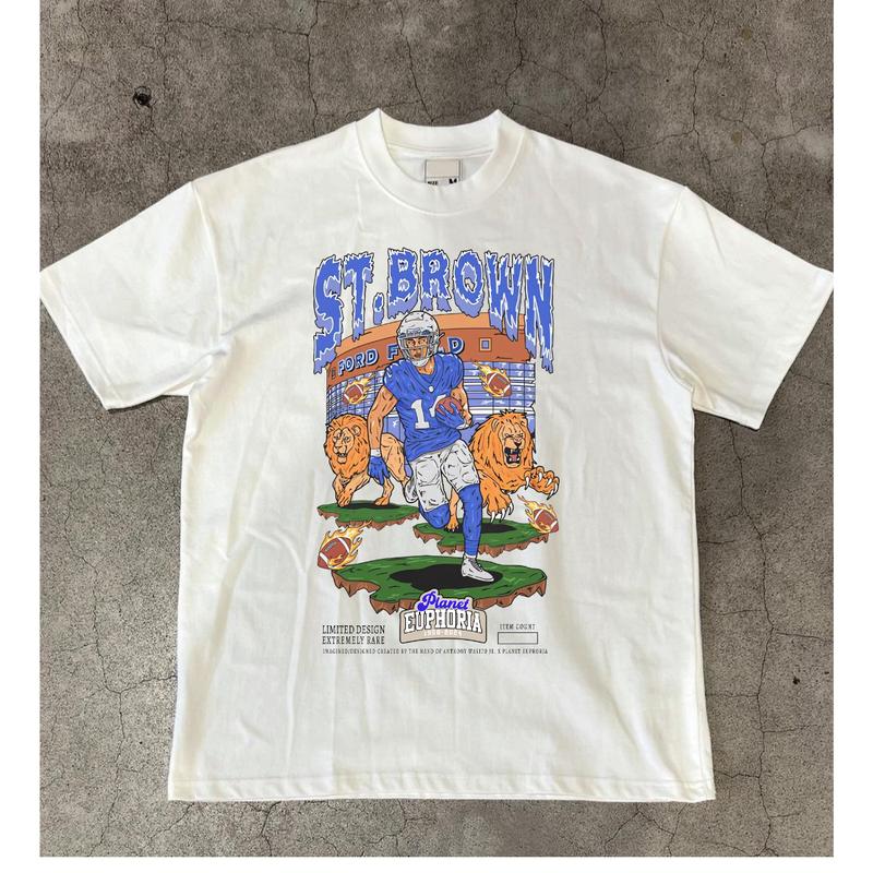 Amon Ra St.Brown Planet Euphoria Football T-Shirt Cotton Short-sleeve Retro Streetwear Tshirt Menswear Top Shortsleeve Underwear