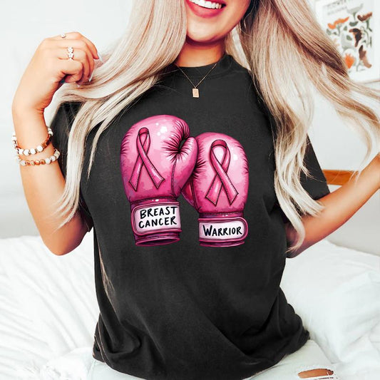 Breast Cancer with Boxing Gloves Shirt, Pink Ribbon Shirt, Gift for Women, Cancer Survivor Gift, Cancer Awareness Month, Support Squad
