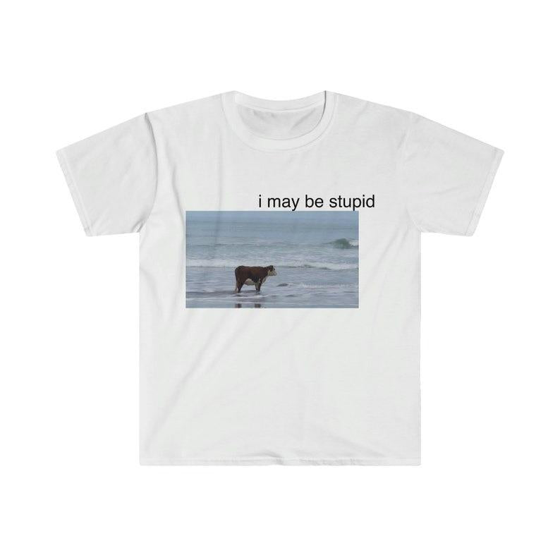 I May Be Stupid Cow on Beach Funny Meme TShirt Menswear Top