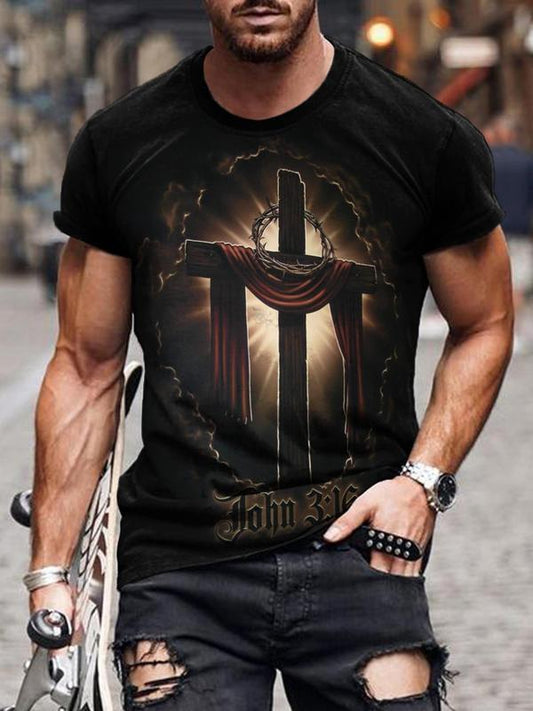 Men's Cross & Letter Print Round Neck Tee, Regular FitÂ Crew Neck Short Sleeve T-Shirt for Men, Casual Streetwear Top for Summer, Vintage Graphic Tees