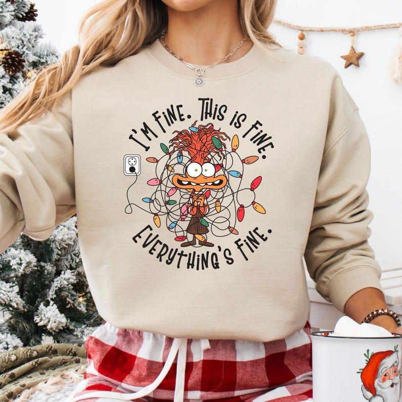 It's Fine This Is Fine Everything Is Fine Christmas Light Sweatshirt T-shirt, Anxiety Christmas Lights Sweater, Inside Out Christmas Hoodie