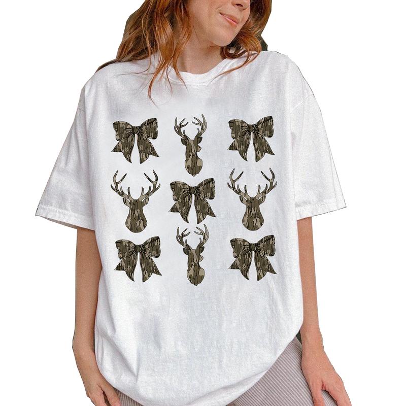 Camo Coquette Bow Deer Huntin Shirt, Old School Camo Shirt, Bow Shirt Coquette Shirt Fall Shirt, Casual Cotton Round Neck Graphic Tee Gift For Men And
