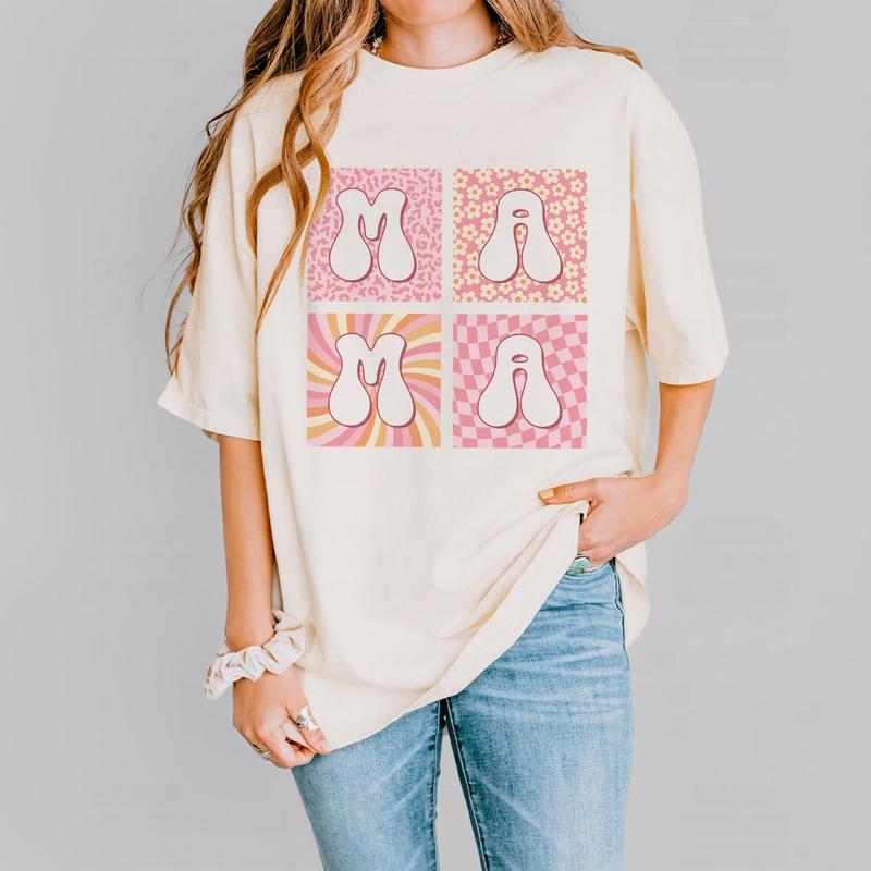 Retro Mom Comfort Colors Shirt, Retro Boho Mama T-Shirt, Checkered Mama Tee, Boho Floral Mama Shirt, Groovy Flower Mom Shirt, Mothers Day Gift For Mom