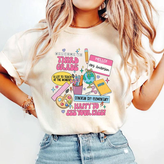 Welcome To 3rd Grade Happy To See Your Face Shirt, Happy First Day Of School 3rd Grade Teacher Shirt, Custom Name Shirt, Personalized Teacher Shirt (P
