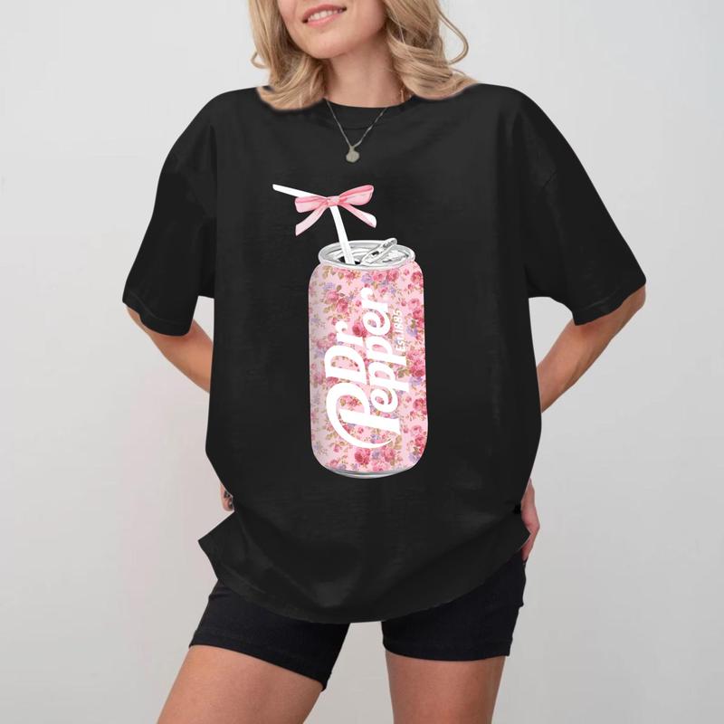 Dr Pepper T-Shirt, Soft Drink Novelty Gift Tee, Cute Pink Bow Graphic Apparel, Rosy Soda Can Shirt for Men's Gift Fashion T-Shirts