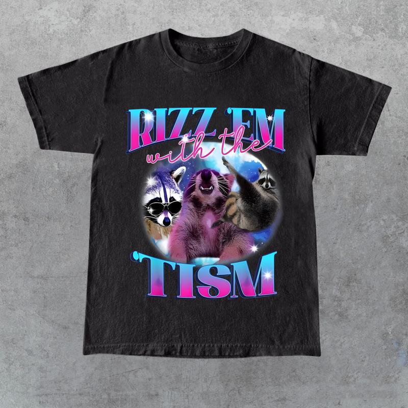 Rizz Em With The Tism Retro Shirt, Vintage Funny Raccoon Graphic Shirt, Autism Awareness, Raccoon Meme Tee, Relaxed Soft Cotton Shirt