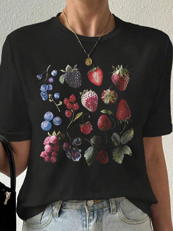Women's Strawberry & Blueberry Print Round Neck Tee, Casual Short Sleeve Crew Neck T-shirt for Summer, Fashion Women's Top for Daily Wear
