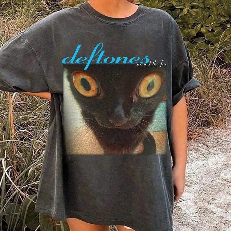 Deftones Around The Fur Cat Band T-Shirt, Vintage, Black Unisex Tee Shirt Classic Cotton